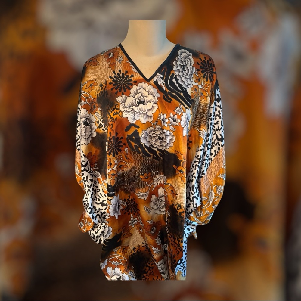 Bobbie Brooks Floral V-Neck Blouse - Orange and Black